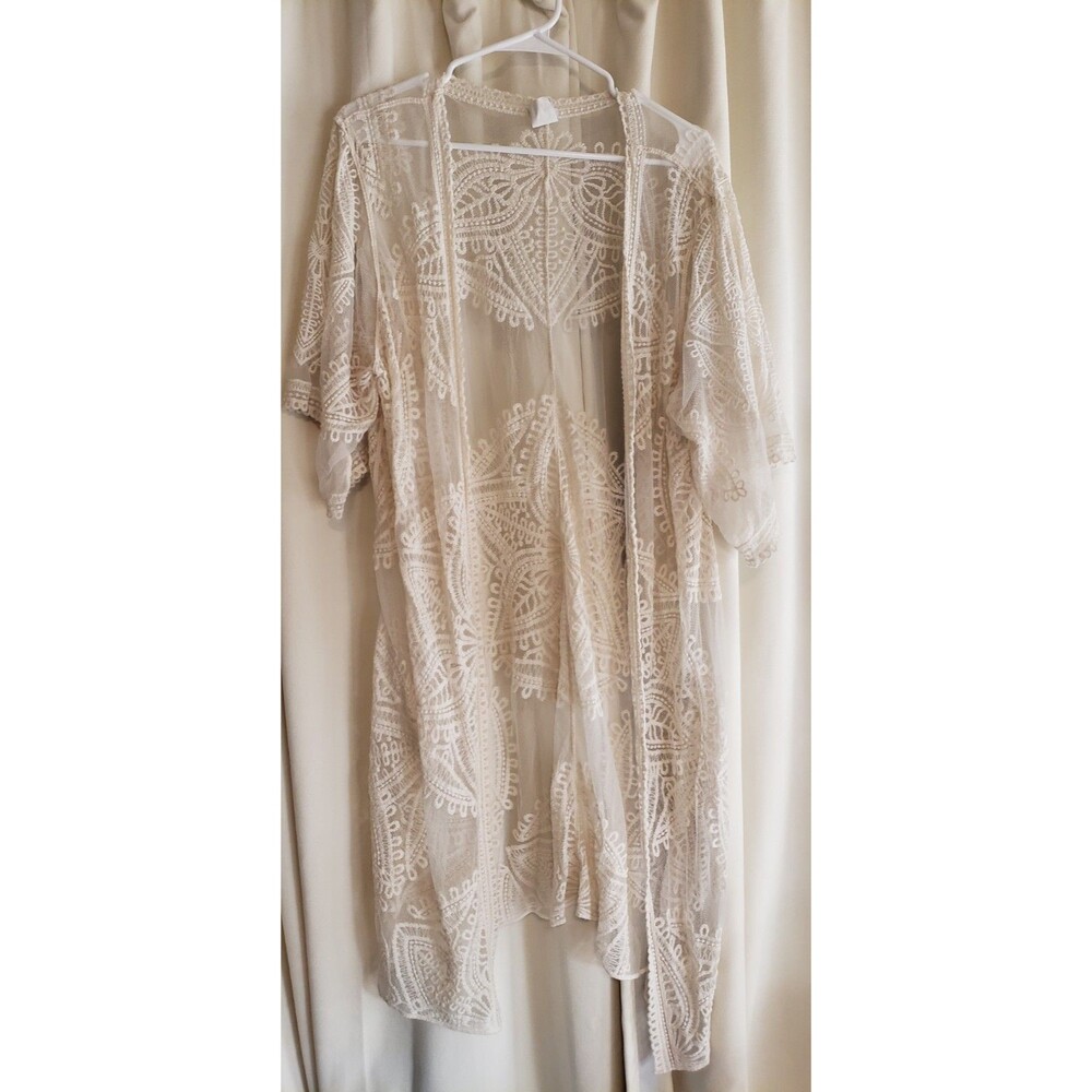 Time and Tru Cream Lace Crochet Kimono Cardigan Boho Duster Cover Up L/XL